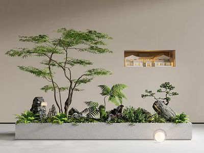 Indoor Greenery Landscape With Various Plants Rocks White Planter And Floor Light 3d model
