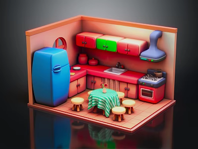 Cartoon Kitchen Scene Featuring Blue Refrigerator Red Cabinets Green Drawers Checkered Tablecloth And Small Stools 3d model