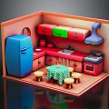 Cartoon Kitchen Scene Featuring Blue Refrigerator Red Cabinets Green Drawers Checkered Tablecloth And Small Stools