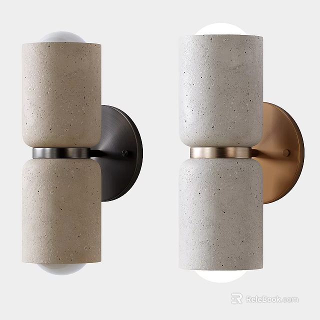 Modern Beige and Light Gray Concrete Wall Lamps with Cylindrical Shape and Black Brass Bases 3d model 