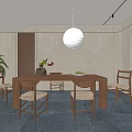 Warm Restaurant Interior Featuring Wooden Dining Table Chairs Plant And Pendant Light