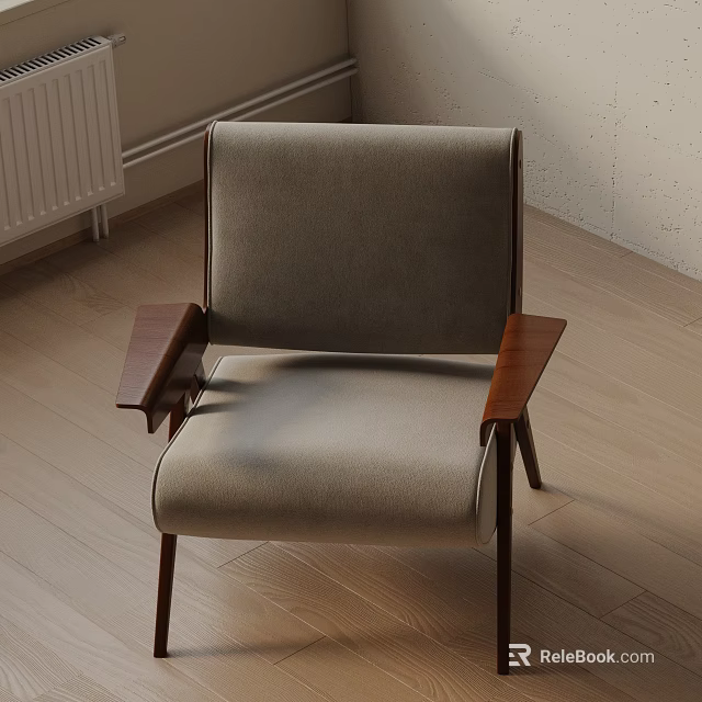 Modern Light Gray Fabric Accent Chair With Wooden Arms And Comfortable Seating Design 3d model 