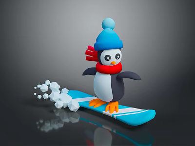 Cartoon Penguin Wearing Blue Hat And Red Scarf Snowboarding On Blue Snowboard With Snow Splashes 3d model