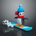 Cartoon Penguin Wearing Blue Hat And Red Scarf Snowboarding On Blue Snowboard With Snow Splashes