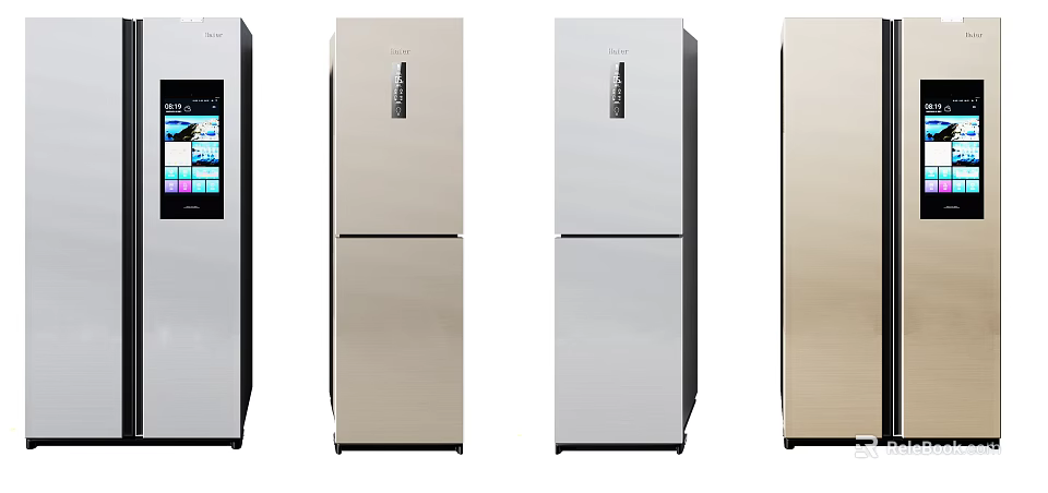 Modern Double Door Refrigerators in Silver and Gold with Smart Display Features 3d model 