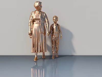 Golden Swing Door Design Featuring Elderly And Child Statue On Shiny Floor 3d model