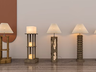 Modern Style Wooden Floor Lamps With Different Designs And White Fabric Shades And Warm Lighting 3d model
