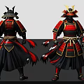 Man Wearing Traditional Red And Black Samurai Armor With Decorative Helmet And Sword