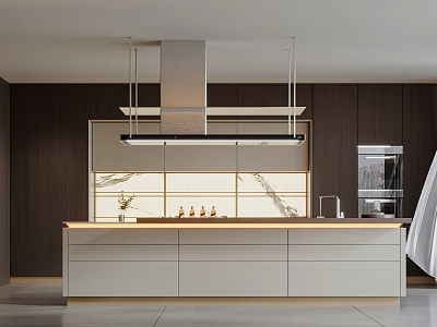 Modern Kitchen Interior With Wooden Cabinets Island Counter Range Hood And Under Cabinet Lighting 3d model