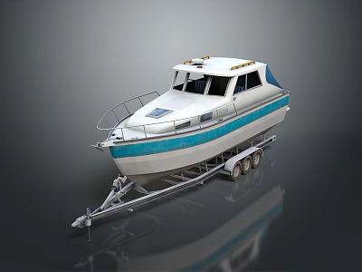 Wooden Boat With White Hull Blue Stripe Cabin Deck And Railing On Trailer 3d model