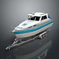 Wooden Boat With White Hull Blue Stripe Cabin Deck And Railing On Trailer