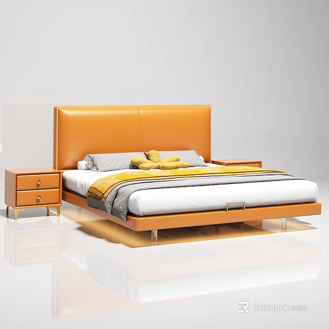 Modern Minimalist Double Bed With Orange Leather Headboard White Gray Mattress And Yellow Pillows 3d model 