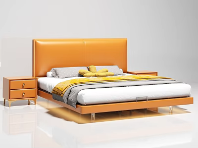 Modern Minimalist Double Bed With Orange Leather Headboard White Gray Mattress And Yellow Pillows 3d model