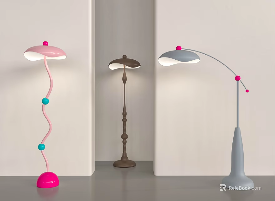 Stylish Modern Floor Lamps with Spiral Bases Colorful Accents and Curved Poles for Home Decor 3d model 