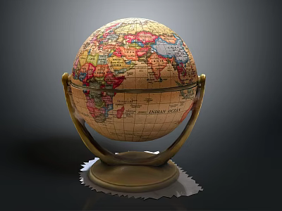 Vintage World Globe With Brass Stand And Colorful Detailed Map Surface 3d model