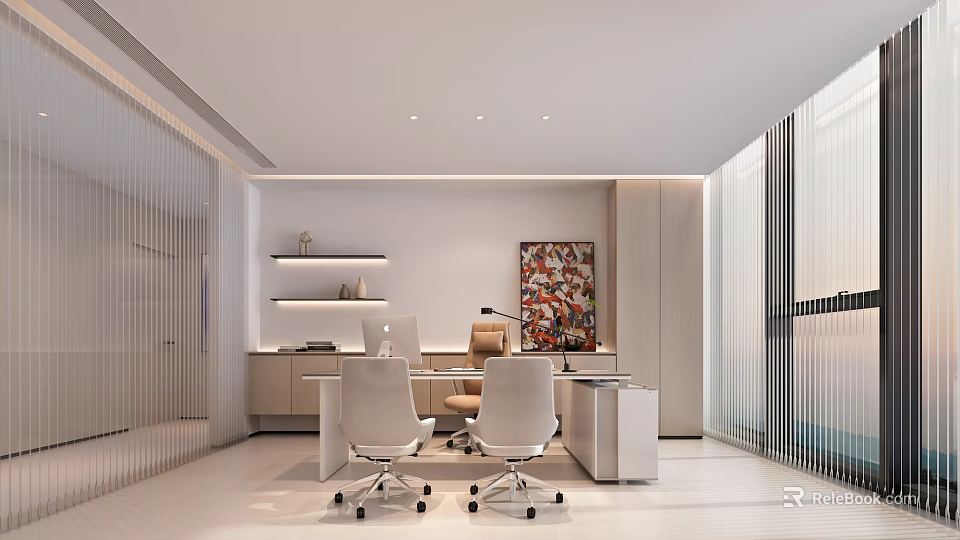 Modern Office Interior Design With Desk Chairs Shelves Artwork And Large Windows 3d model 