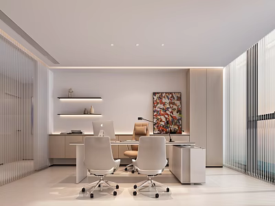 Modern Office Interior Design With Desk Chairs Shelves Artwork And Large Windows 3d model