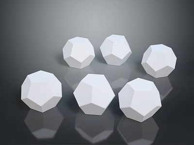 Six White Polyhedrons Arranged as Geometric Shapes on Black Background with Reflections 3d model