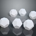 Six White Polyhedrons Arranged as Geometric Shapes on Black Background with Reflections