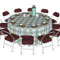 Round Dining Table Set with Checkered Tablecloth and Metal Frame Red Seat Chairs 3d model