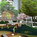 Residential Landscape With Lush Trees Green Lawn And Tiered Steps Near Modern Apartment Buildings