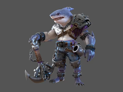 Shark Themed Doll With Muscular Design Metal Armor Chain Details And Hook Weapon 3d model