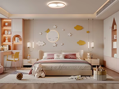 Cozy Kids Room Interior With Bed Pillows Star Cloud Decorations Bookshelves Rug And Toys 3d model