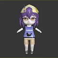 Purple Haired Cartoon Character With Bear Pattern On Blue T shirt And Headphones Hat