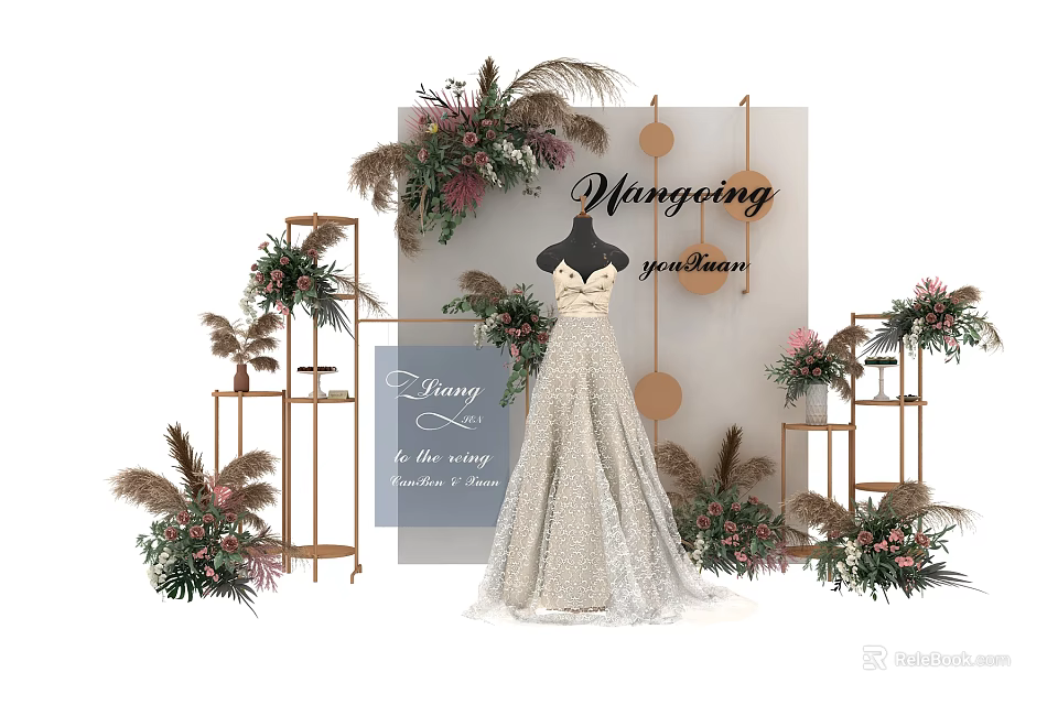 Huangying Bridal Gown Display With Elegant Floral Decorations And Golden Stands 3d model 