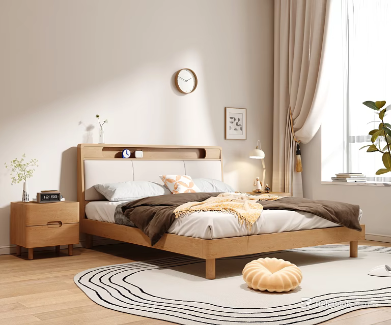 Modern Wooden Double Bed with White Bedding Brown Throw and Nightstands in Cozy Bedroom 3d model 
