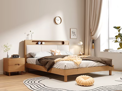 Modern Wooden Double Bed with White Bedding Brown Throw and Nightstands in Cozy Bedroom 3d model