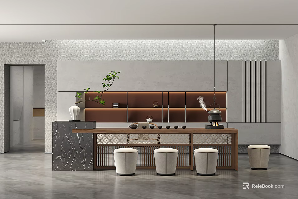 Modern Tea Room Interior With Brown Cabinets Marble Countertop White Stools And Plant Decoration 3d model 