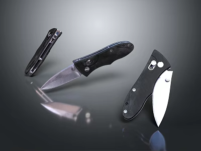 Three Different Folding Knives With Black Handles And Metal Blades Display Collection 3d model