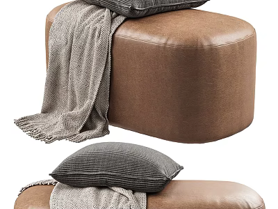 Brown Leather Ottoman with Gray Cushion and Soft Blanket for Cozy Living Room 3d model