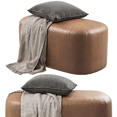 Brown Leather Ottoman with Gray Cushion and Soft Blanket for Cozy Living Room 3d model