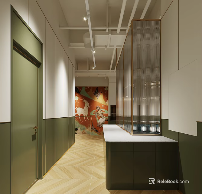 Modern Hotel Corridor With Green Walls Decorative Mural Soft Lighting And Geometric Flooring 3d model 