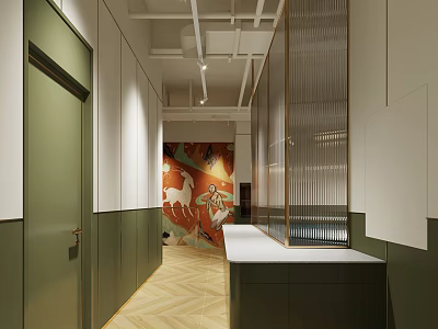 Modern Hotel Corridor With Green Walls Decorative Mural Soft Lighting And Geometric Flooring 3d model