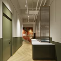 Modern Hotel Corridor With Green Walls Decorative Mural Soft Lighting And Geometric Flooring