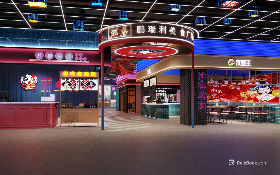 Modern Chinese Food Court Featuring Hunan Cantonese Stalls Neon Lights And Dining Space 3d model 
