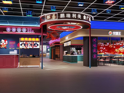 Modern Chinese Food Court Featuring Hunan Cantonese Stalls Neon Lights And Dining Space 3d model
