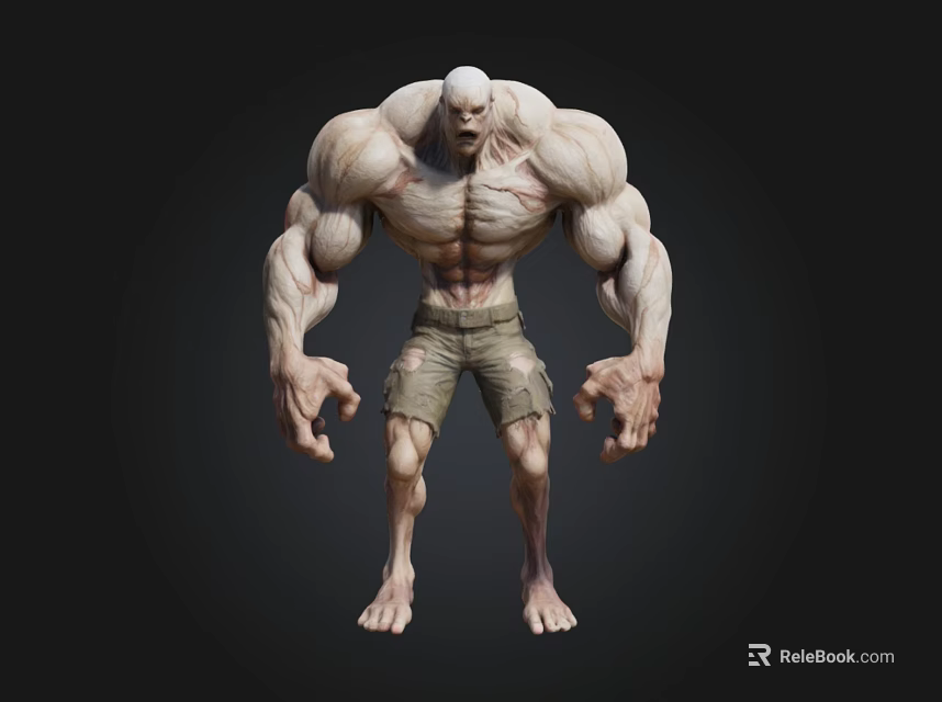 Bald Muscular Monster Creature With Pale Skin And Short Pants Standing 3d model 