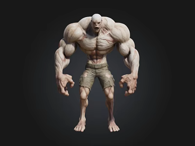 Bald Muscular Monster Creature With Pale Skin And Short Pants Standing 3d model