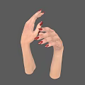 Human Hands With Red Nail Polish Fingers Spread Palm Up And Left On Gray Background