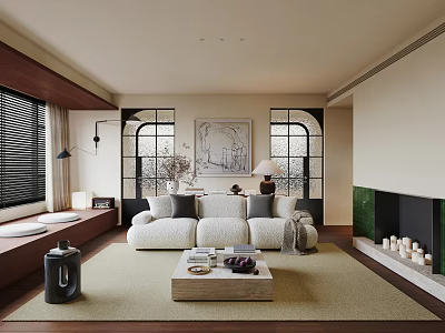 Modern Living Room with Neutral Tones White Sofa Coffee Table Area Rug and Fireplace Artwork 3d model