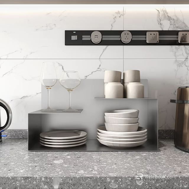 Modern Kitchen Interior With Metal Storage Shelf Plates Bowls And Wine Glasses 3d model 