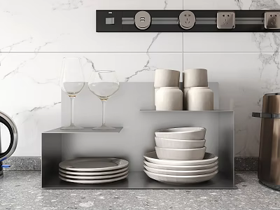 Modern Kitchen Interior With Metal Storage Shelf Plates Bowls And Wine Glasses 3d model