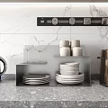 Modern Kitchen Interior With Metal Storage Shelf Plates Bowls And Wine Glasses