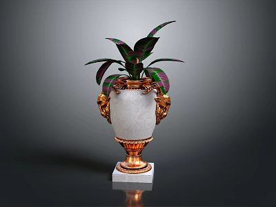 Elegant White Marble Vase With Golden Ornate Base And Green Purple Foliage 3d model