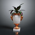 Elegant White Marble Vase With Golden Ornate Base And Green Purple Foliage