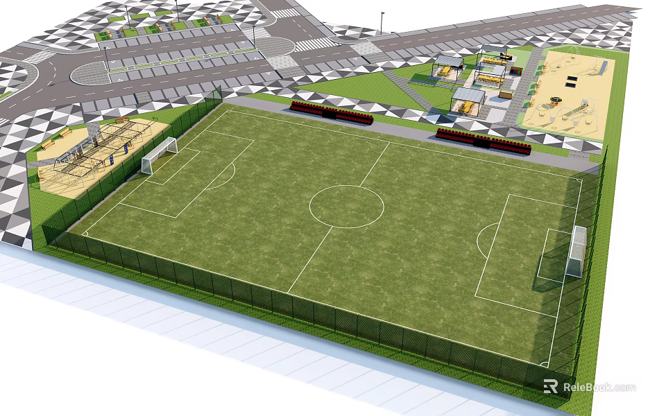 Green Grass Soccer Field With White Lines Goalposts And Surrounding Fence 3d model 